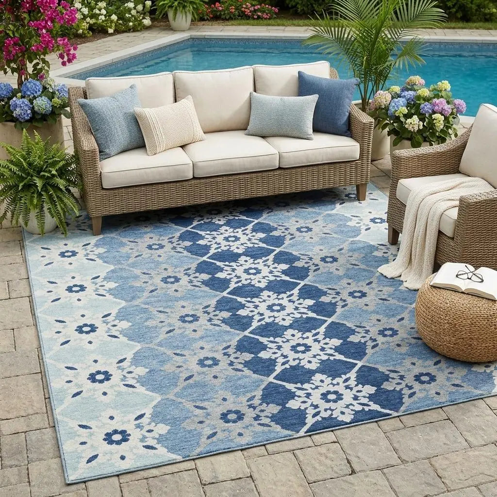 5' X 8' Blue And Pewter Floral Medallion Washable Indoor Outdoor Area Rug Homeroots Outdoor