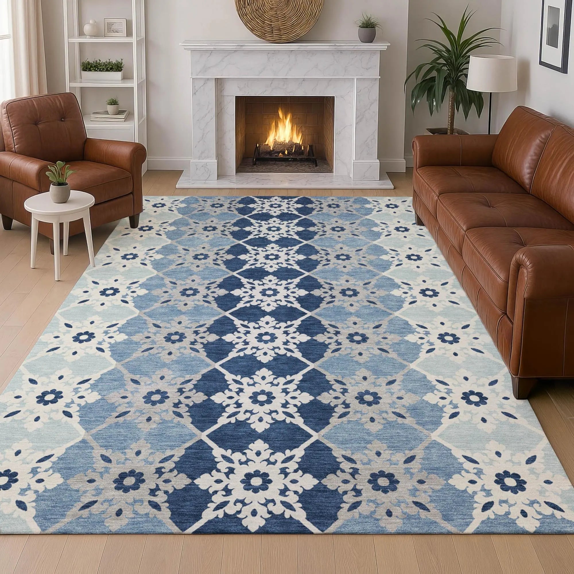 5' X 8' Blue And Pewter Floral Medallion Washable Indoor Outdoor Area Rug Homeroots Outdoor