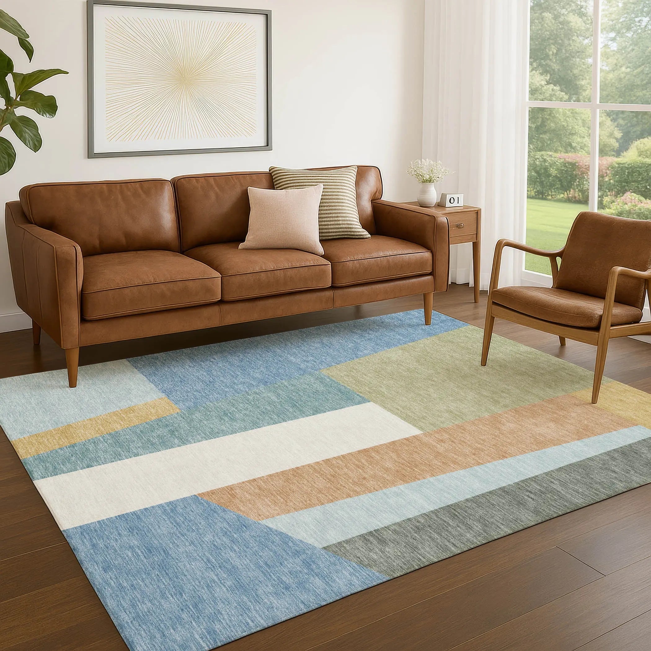 5' X 8' Blue And Teal Blue Geometric Washable Indoor Outdoor Area Rug Homeroots Outdoor