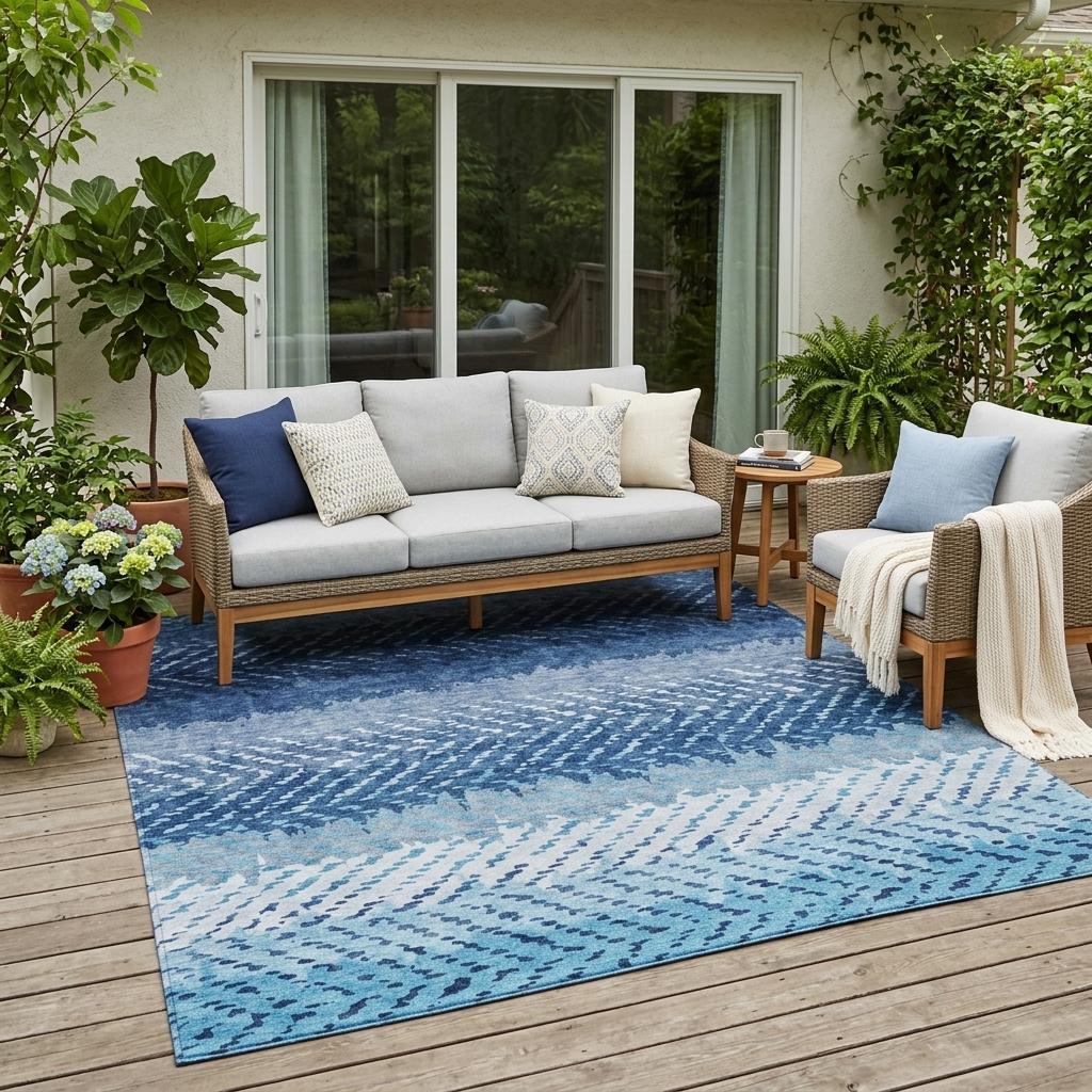 5' X 8' Blue And Teal Blue Striped Washable Indoor Outdoor Area Rug Homeroots Outdoor