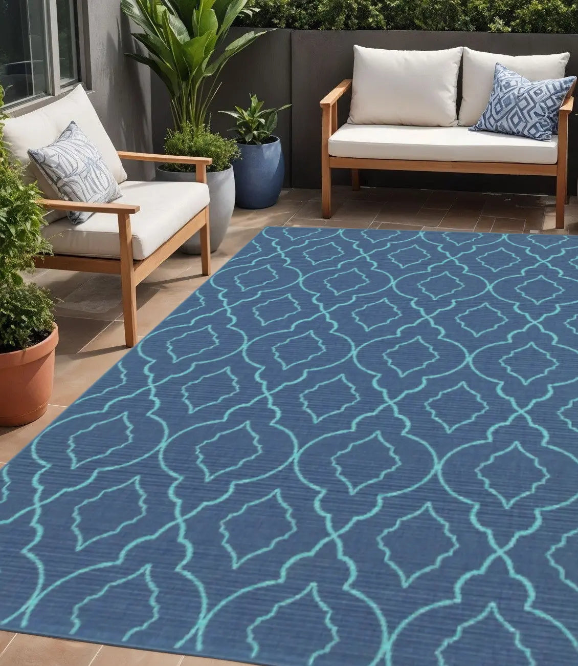 5' X 8' Blue Geometric Stain Resistant Indoor Outdoor Area Rug Homeroots Outdoor