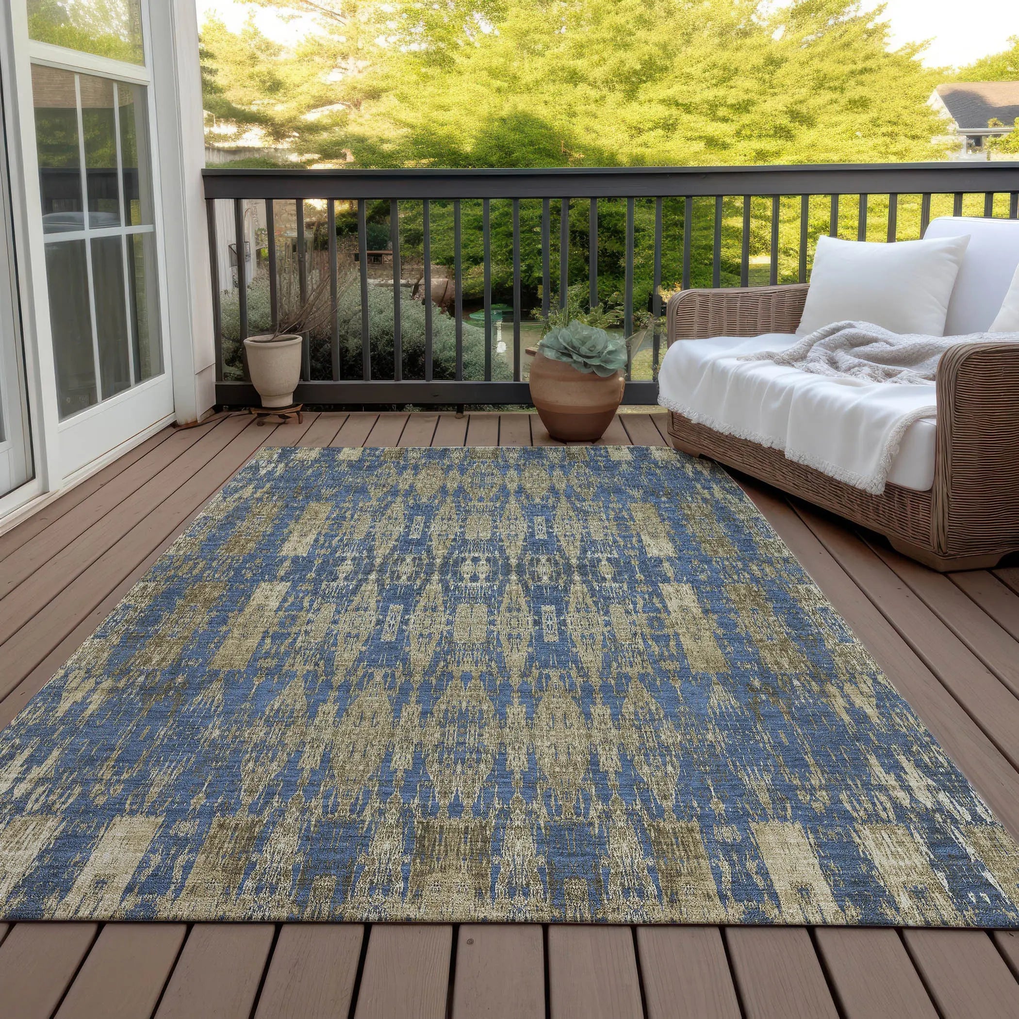 5' X 8' Blue Taupe And Beige Moroccan Washable Indoor Outdoor Area Rug - GreatEagleInc