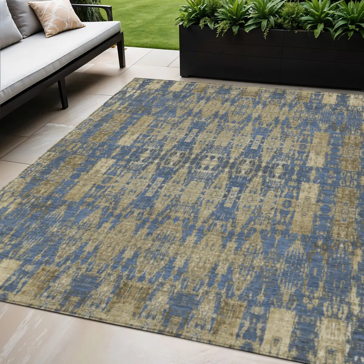 5' X 8' Blue Taupe And Beige Moroccan Washable Indoor Outdoor Area Rug - GreatEagleInc