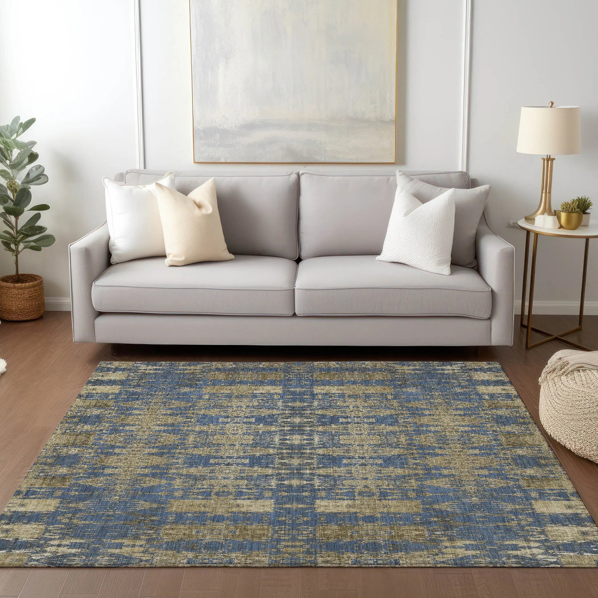 5' X 8' Blue Taupe And Beige Moroccan Washable Indoor Outdoor Area Rug - GreatEagleInc