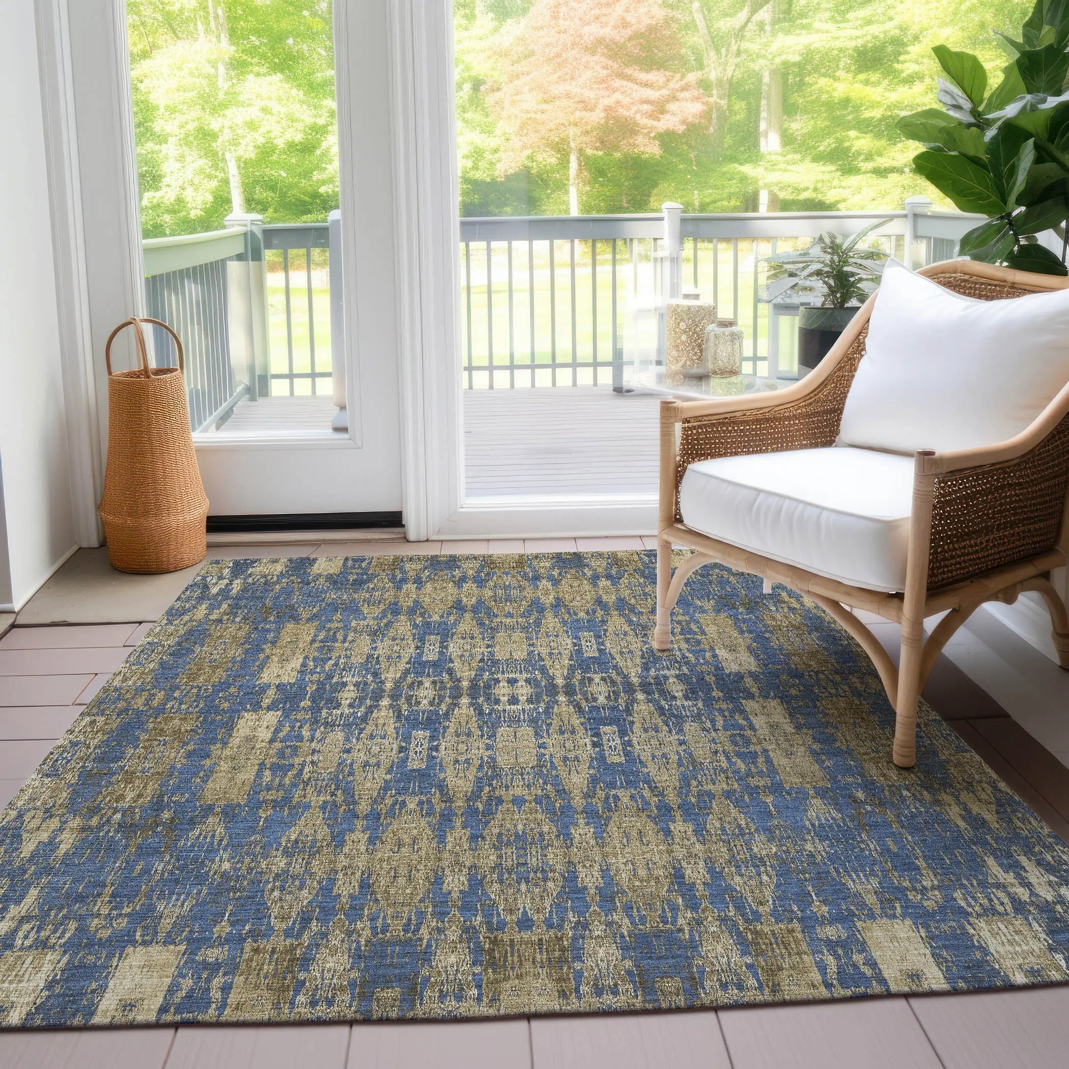 5' X 8' Blue Taupe And Beige Moroccan Washable Indoor Outdoor Area Rug - GreatEagleInc