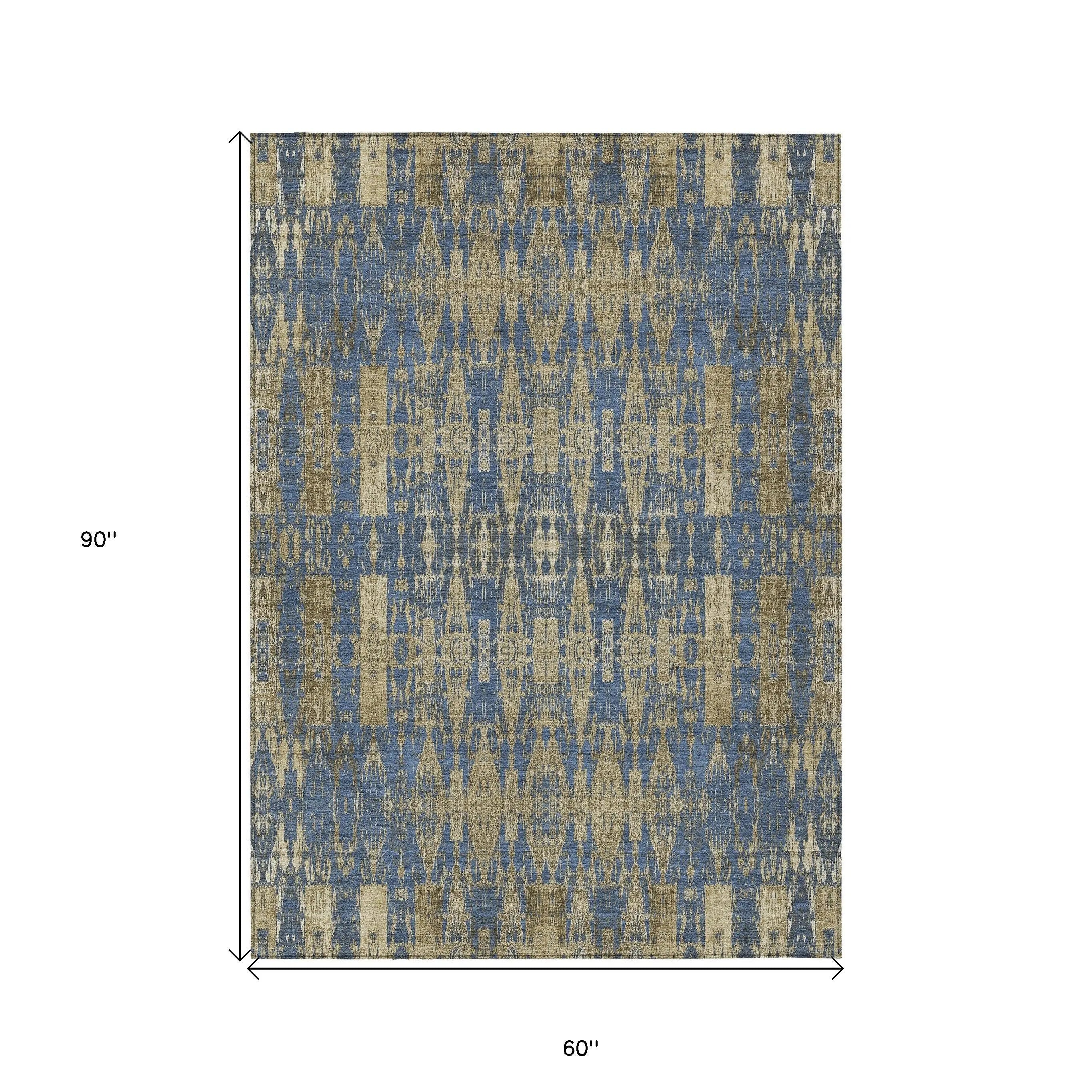 5' X 8' Blue Taupe And Beige Moroccan Washable Indoor Outdoor Area Rug - GreatEagleInc