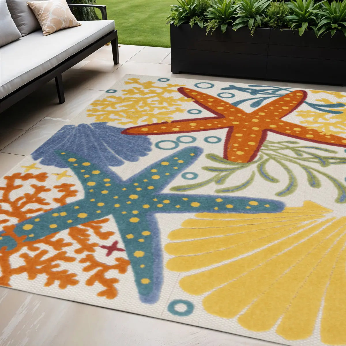 5' X 8' Blue Yellow And Orange Starfish Indoor Outdoor Area Rug Homeroots Outdoor