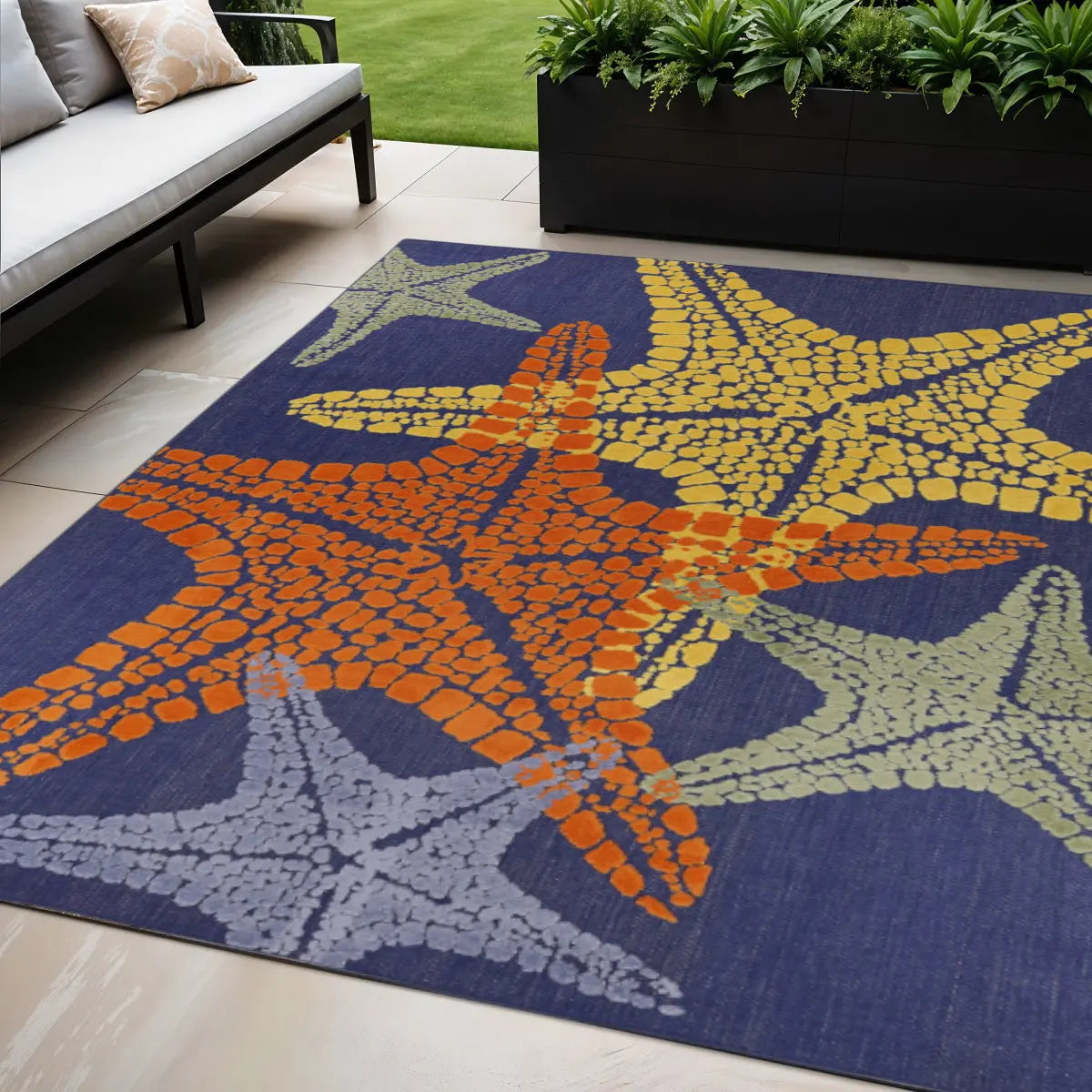 5' X 8' Blue Yellow And Orange Starfish Indoor Outdoor Area Rug Homeroots Outdoor