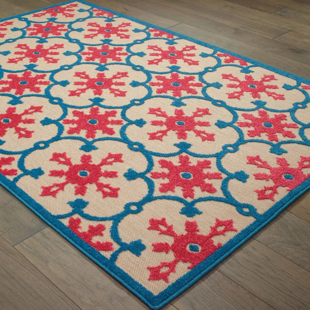 5' X 8' Blue and Beige Oriental Stain Resistant Indoor Outdoor Area Rug Homeroots Outdoor