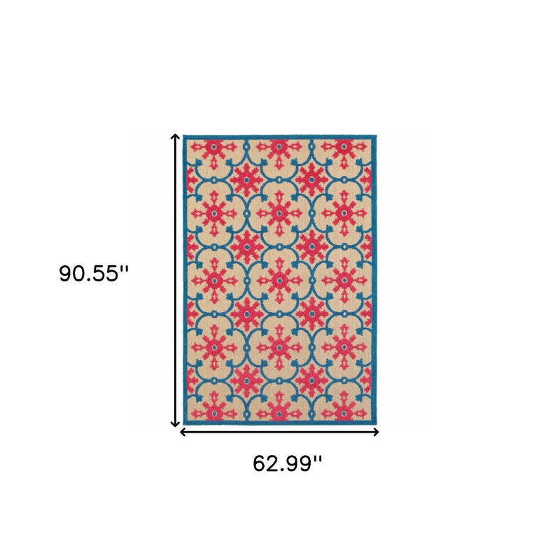 5' X 8' Blue and Beige Oriental Stain Resistant Indoor Outdoor Area Rug Homeroots Outdoor