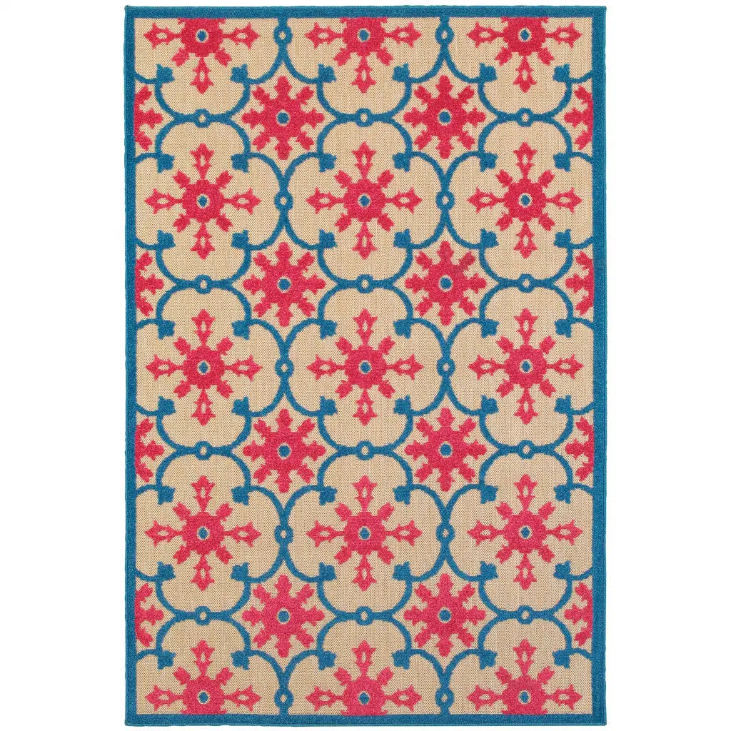 5' X 8' Blue and Beige Oriental Stain Resistant Indoor Outdoor Area Rug Homeroots Outdoor