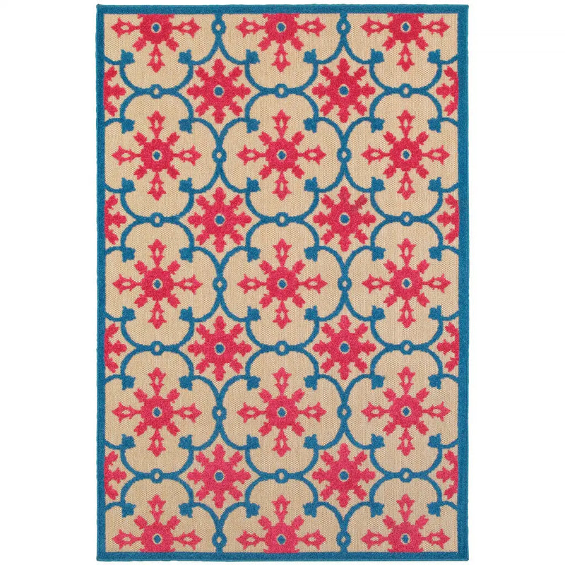 5' X 8' Blue and Beige Oriental Stain Resistant Indoor Outdoor Area Rug Homeroots Outdoor