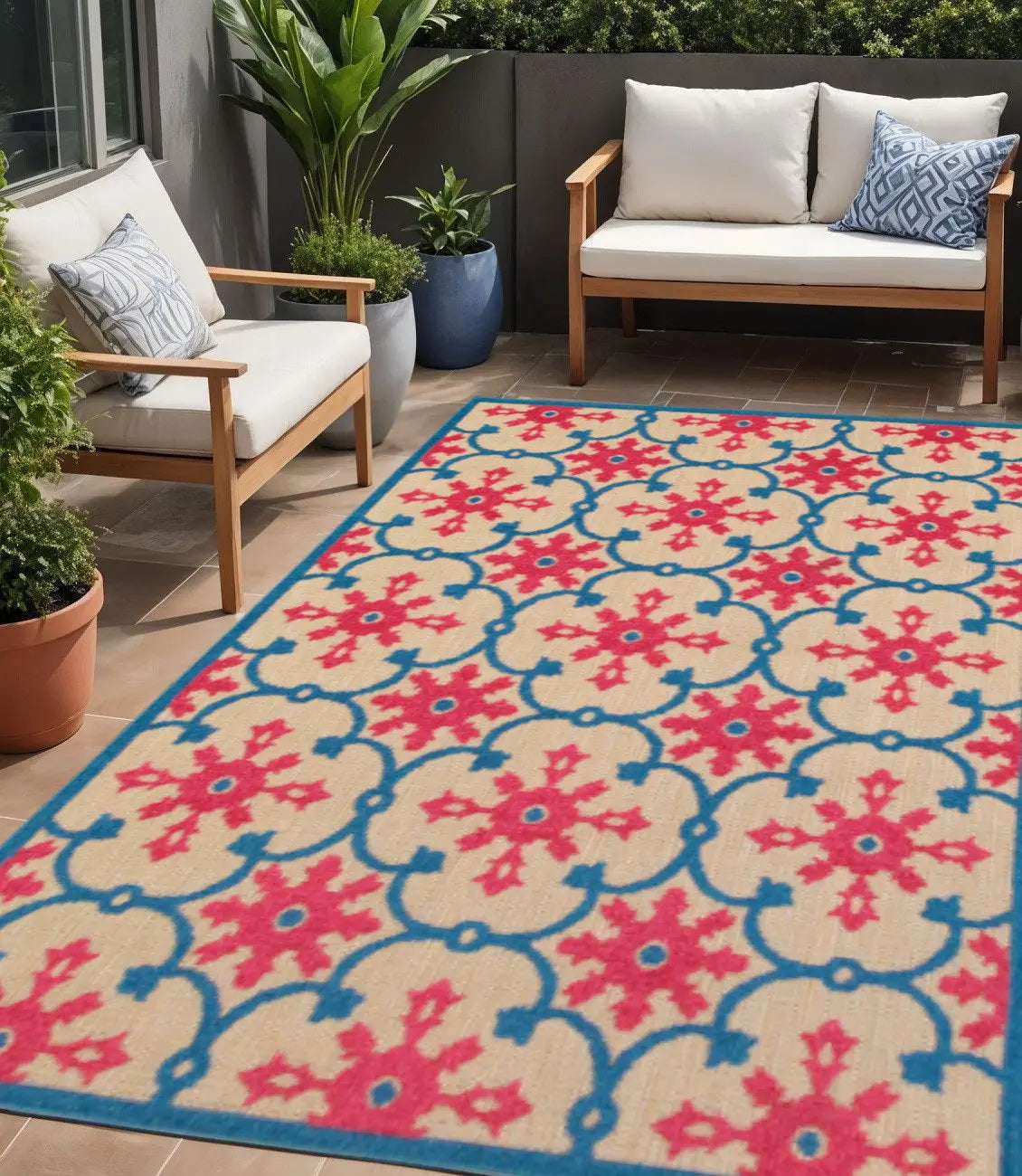 5' X 8' Blue and Beige Oriental Stain Resistant Indoor Outdoor Area Rug Homeroots Outdoor