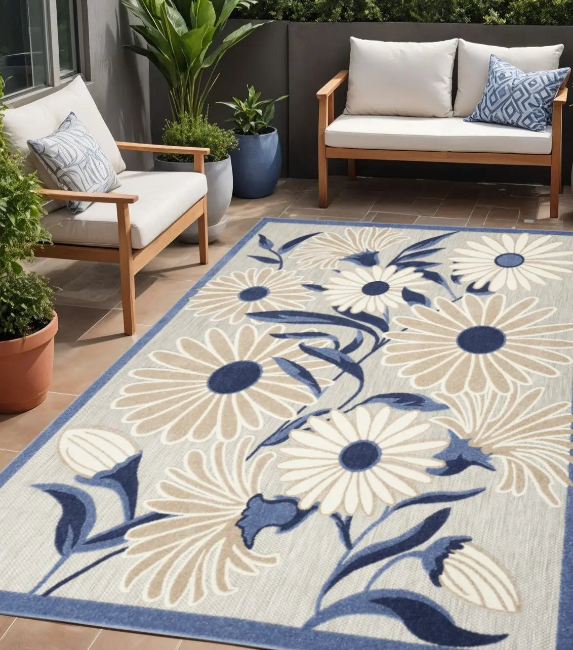 5' X 8' Blue and Gray Floral Non Skid Indoor Outdoor Area Rug Homeroots Outdoor