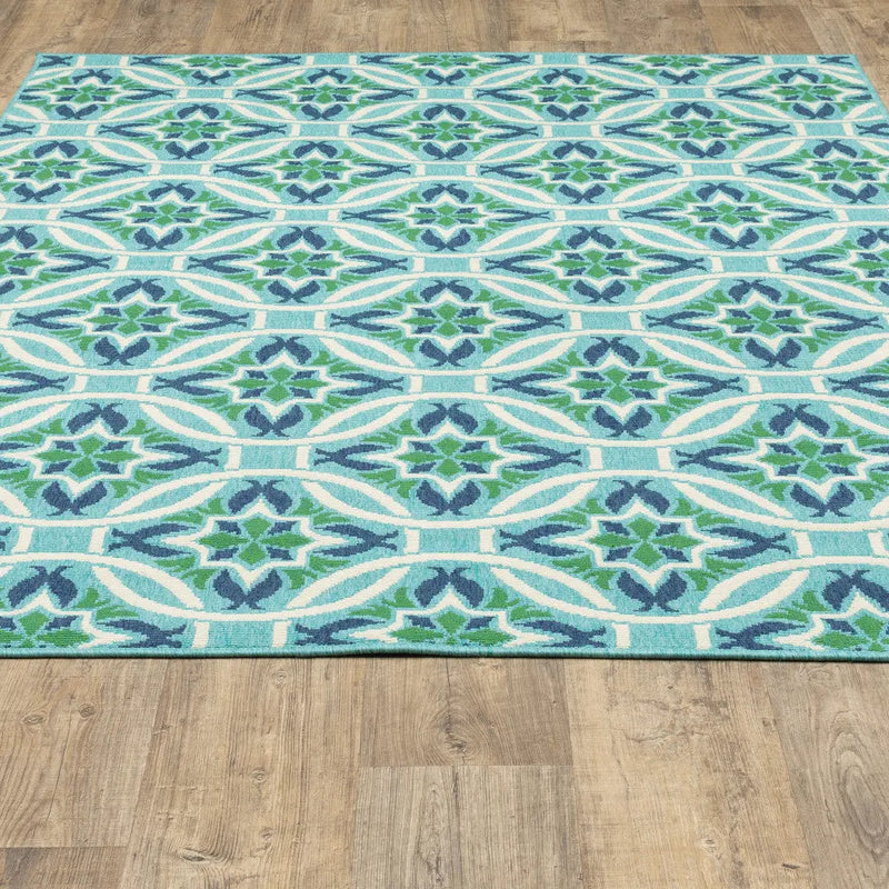 5' X 8' Blue and Green Geometric Stain Resistant Indoor Outdoor Area Rug Homeroots Outdoor