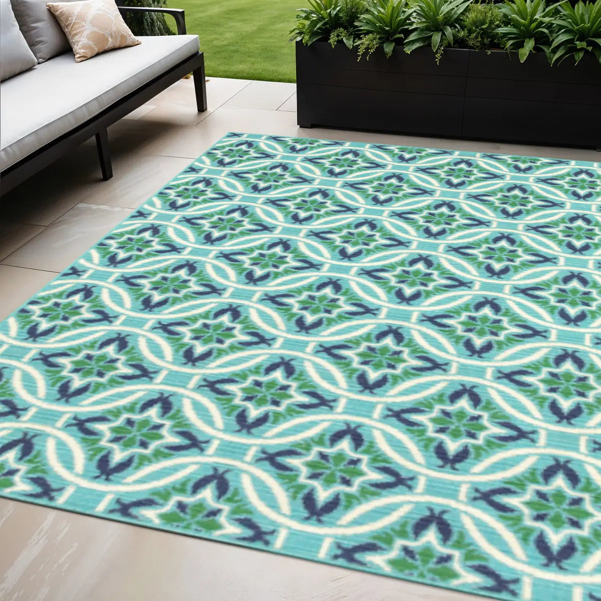 5' X 8' Blue and Green Geometric Stain Resistant Indoor Outdoor Area Rug Homeroots Outdoor