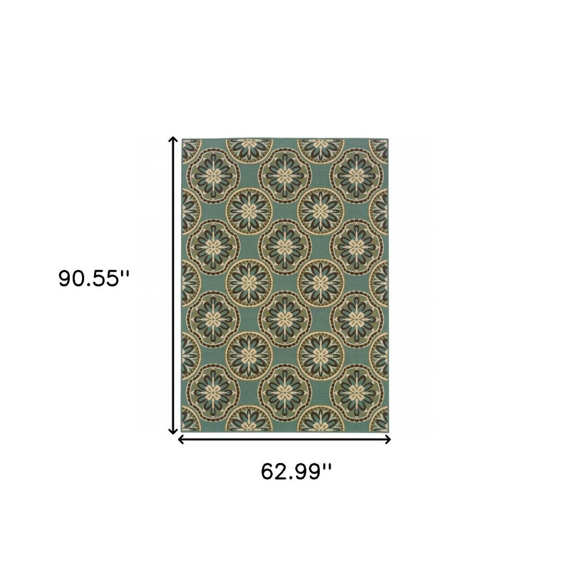 Blue and beige floral patterned area rug, 90.55'' x 62.99'', made of soft, durable synthetic fibers.
