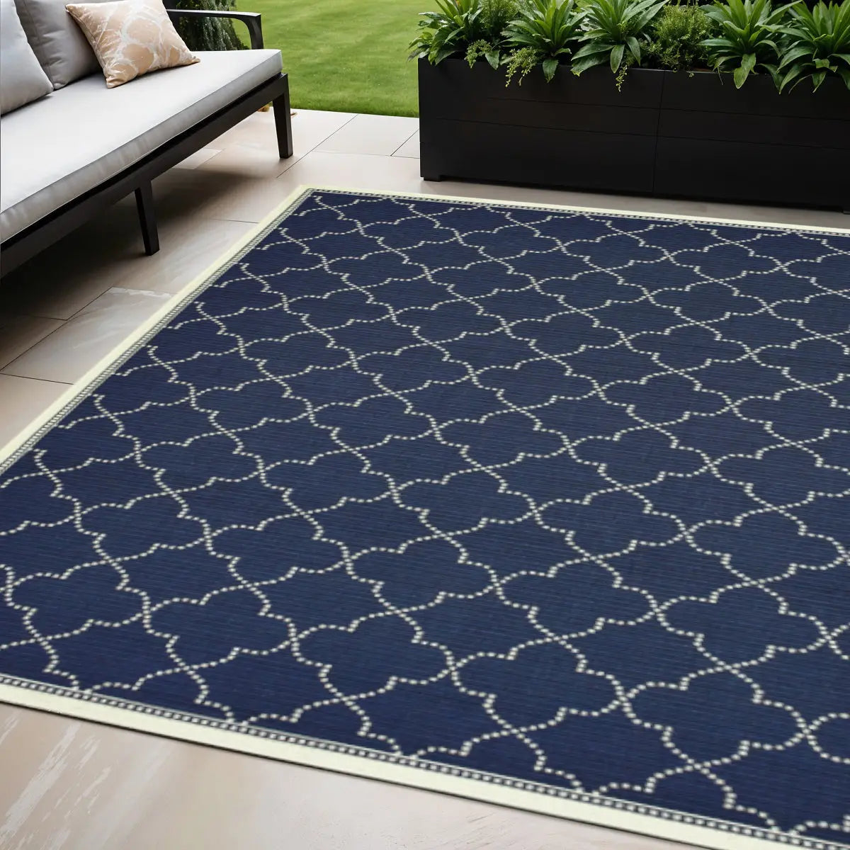 5' X 8' Blue and Ivory Geometric Stain Resistant Indoor Outdoor Area Rug Homeroots Outdoor