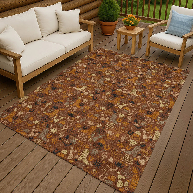 5' X 8' Brick Red And Red Stars Washable Indoor Outdoor Area Rug Homeroots Outdoor