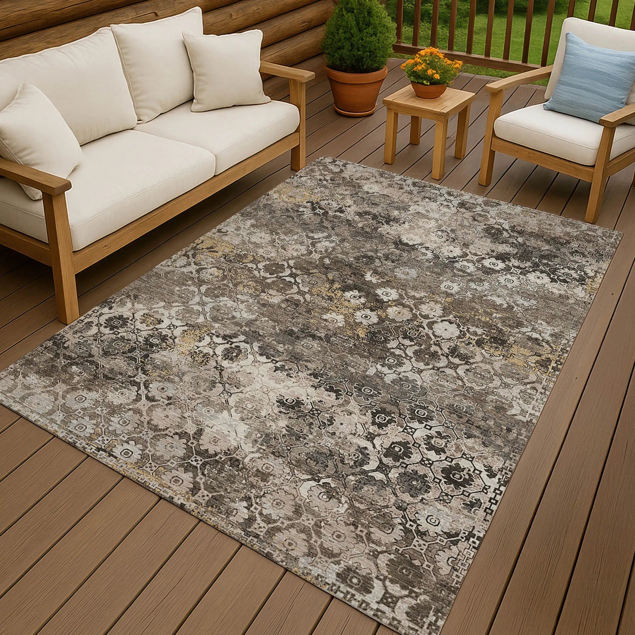 5' X 8' Brown And Beige Abstract Washable Indoor Outdoor Area Rug Homeroots Outdoor