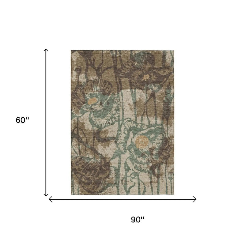 5' X 8' Brown And Beige Floral Washable Indoor Outdoor Area Rug Homeroots Outdoor