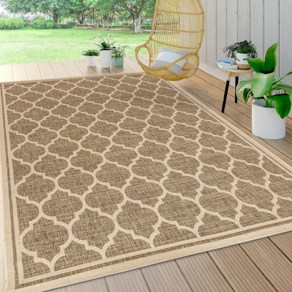 5' X 8' Brown And Beige Geometric Indoor Outdoor Area Rug Homeroots Outdoor