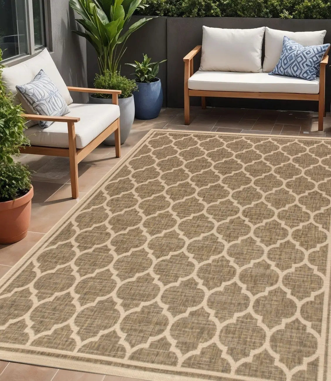 5' X 8' Brown And Beige Geometric Indoor Outdoor Area Rug Homeroots Outdoor