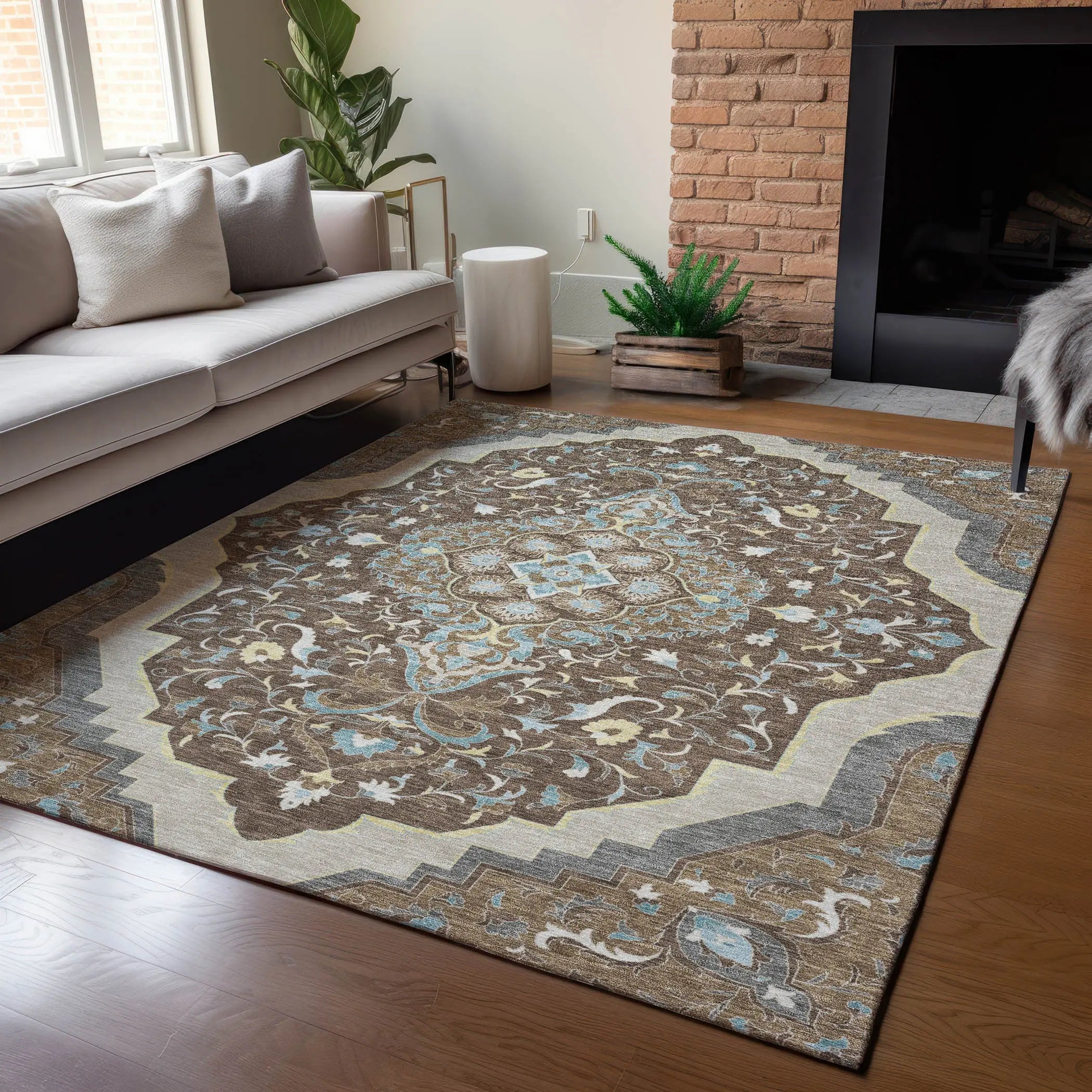 5' X 8' Brown And Beige Medallion Washable Indoor Outdoor Area Rug Homeroots Outdoor