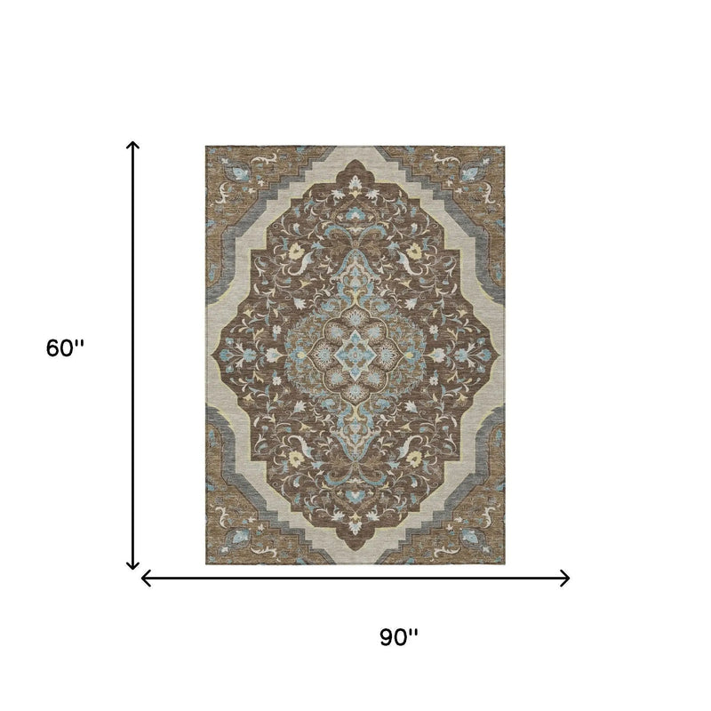 5' X 8' Brown And Beige Medallion Washable Indoor Outdoor Area Rug Homeroots Outdoor