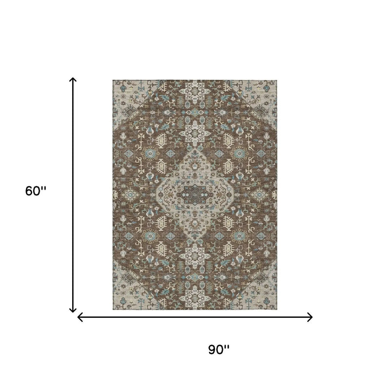 5' X 8' Brown And Beige Medallion Washable Indoor Outdoor Area Rug Homeroots Outdoor