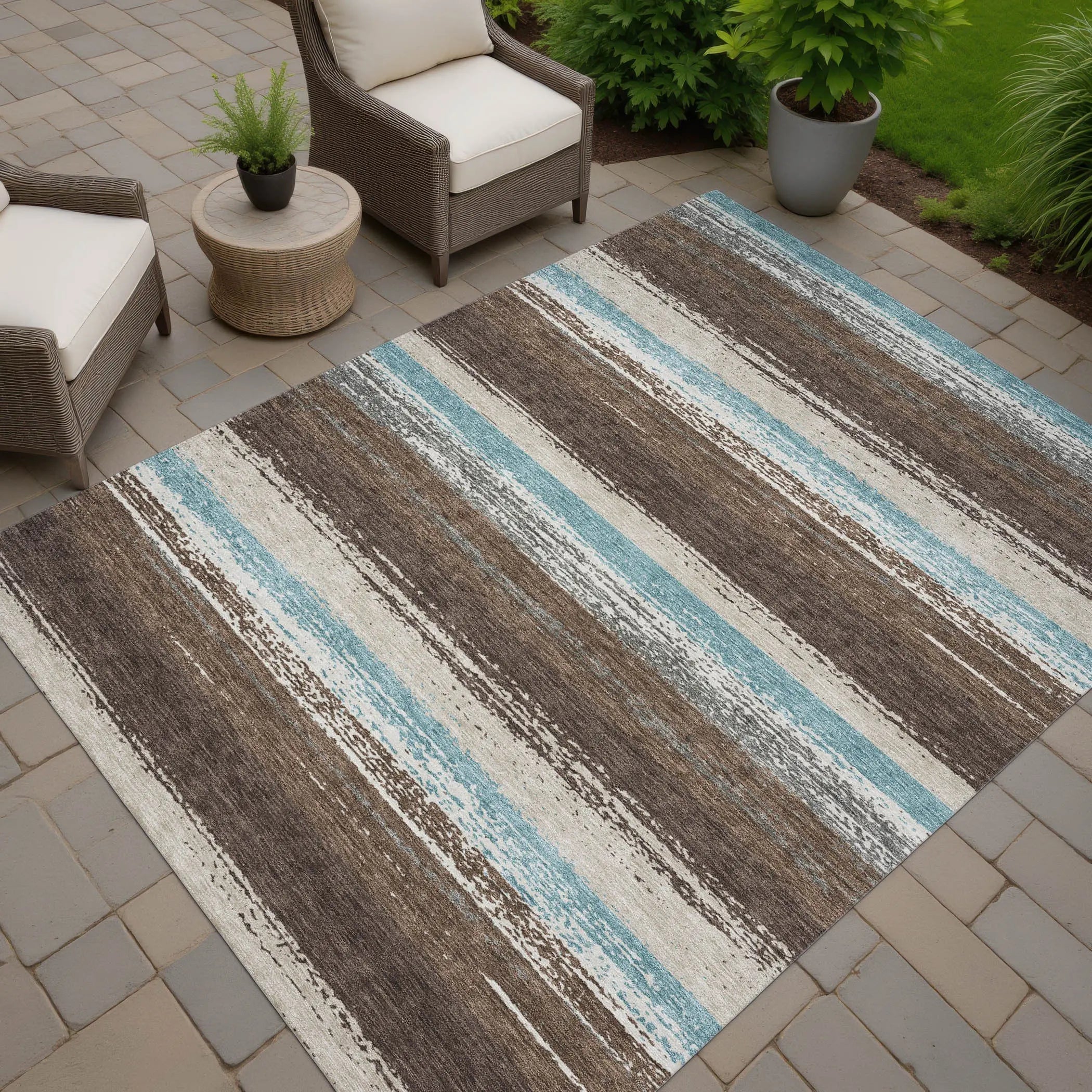 5' X 8' Brown And Beige Striped Washable Indoor Outdoor Area Rug Homeroots Outdoor