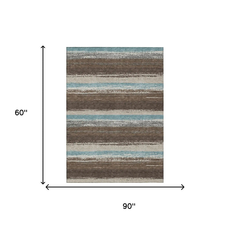 5' X 8' Brown And Beige Striped Washable Indoor Outdoor Area Rug Homeroots Outdoor