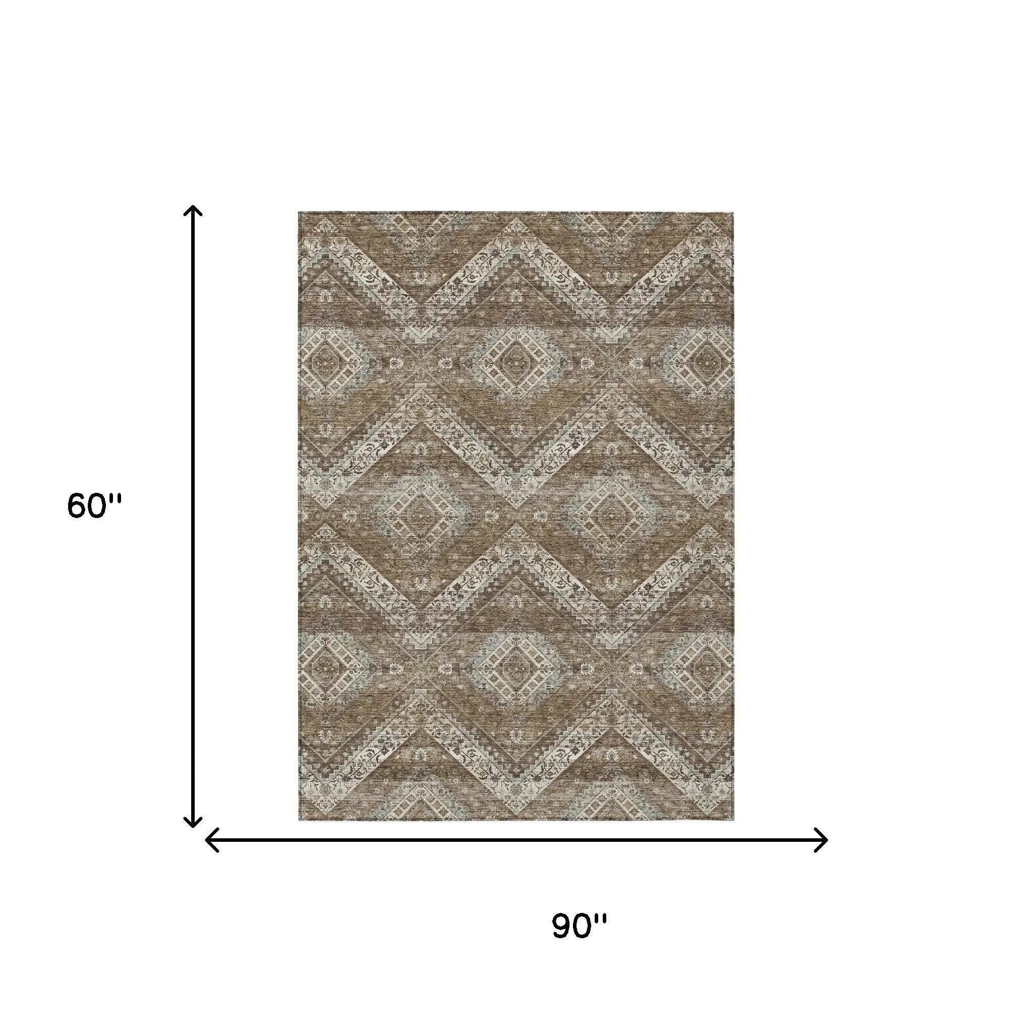 5' X 8' Brown And Chocolate Tribal Washable Indoor Outdoor Area Rug Homeroots Outdoor