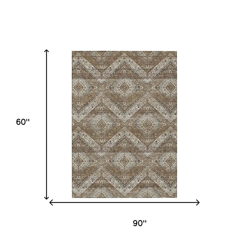 5' X 8' Brown And Chocolate Tribal Washable Indoor Outdoor Area Rug Homeroots Outdoor