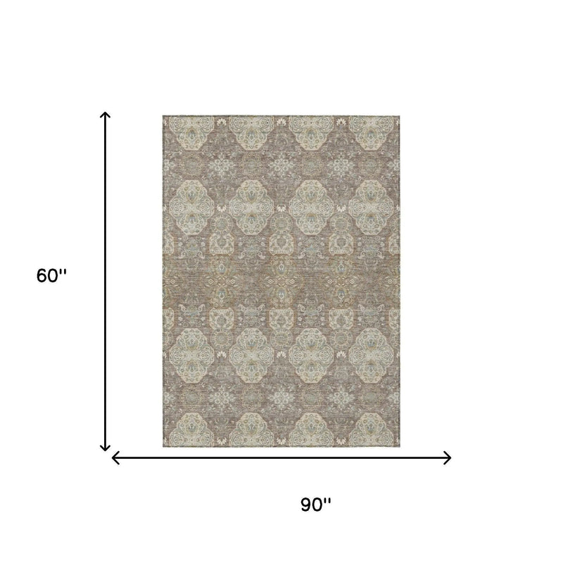 5' X 8' Brown And Copper Floral Washable Indoor Outdoor Area Rug Homeroots Outdoor