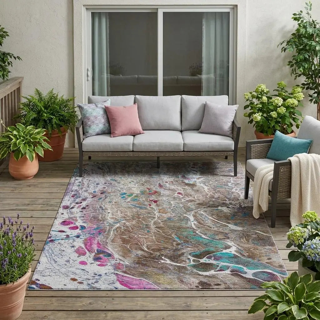 5' X 8' Brown And Gray Abstract Washable Indoor Outdoor Area Rug Homeroots Outdoor