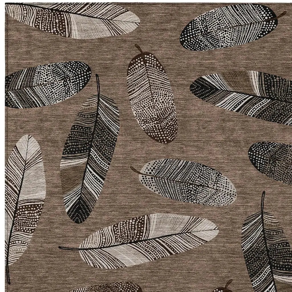5' X 8' Brown And Ivory Botanical Leaves Washable Indoor Outdoor Area Rug Homeroots Outdoor