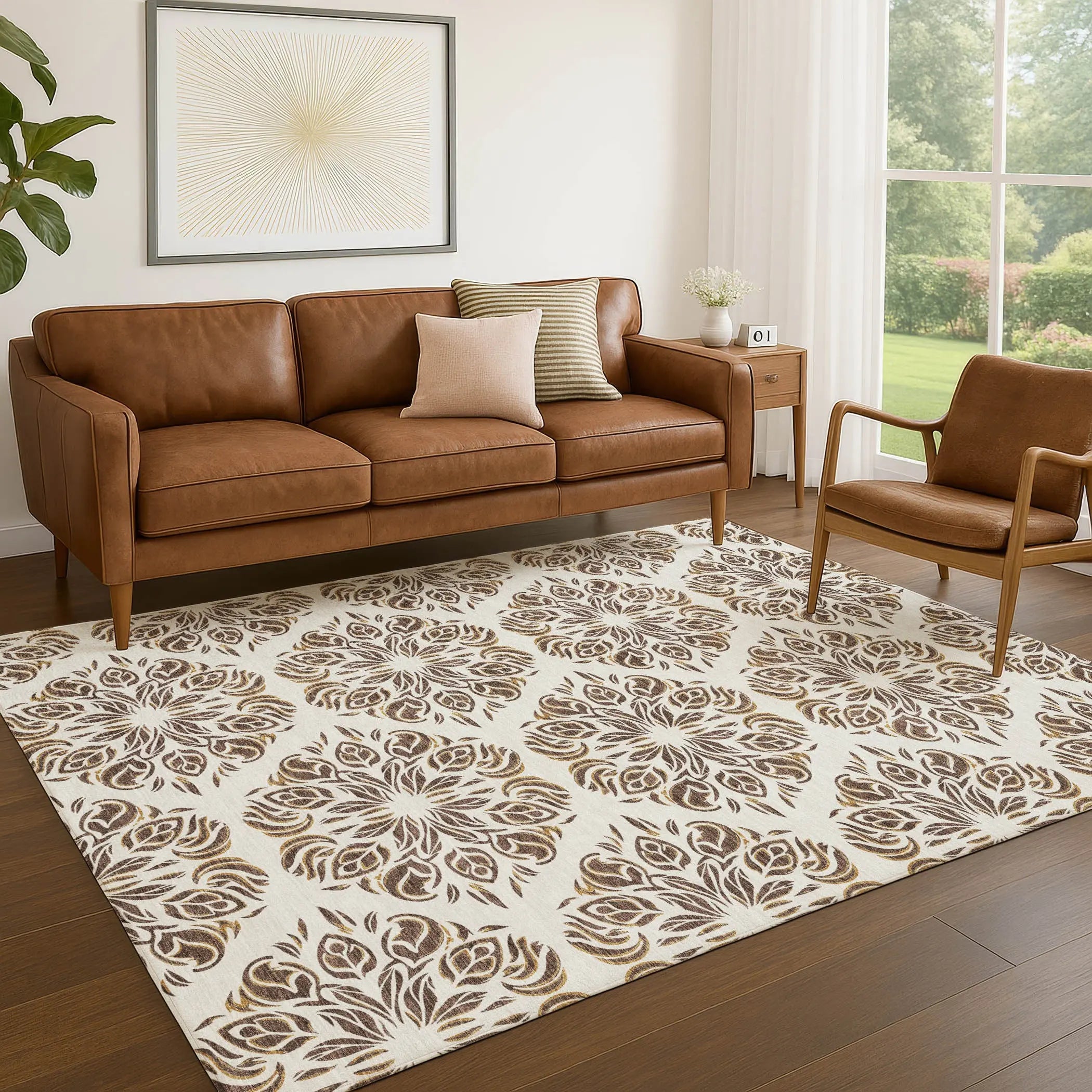 5' X 8' Brown And Ivory Damask Washable Indoor Outdoor Area Rug Homeroots Outdoor
