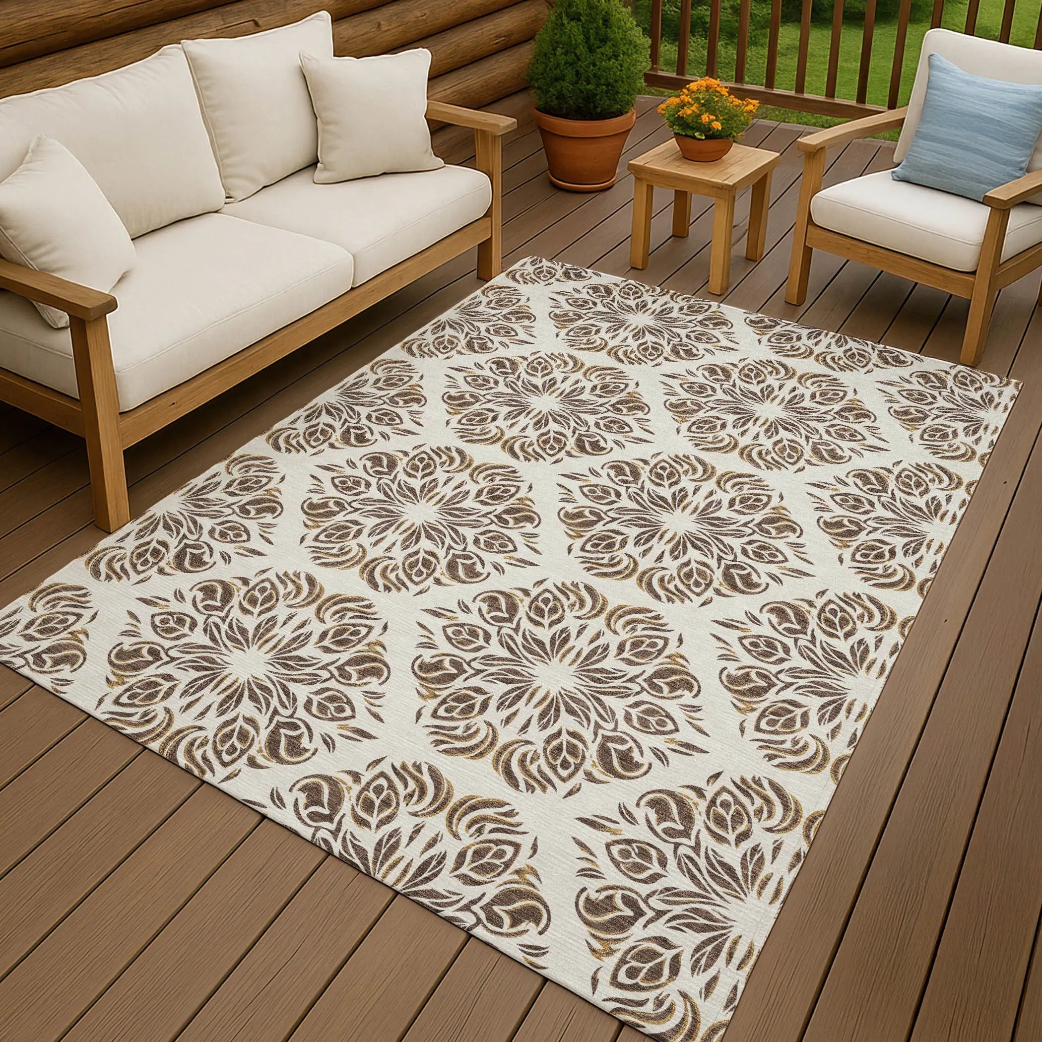 5' X 8' Brown And Ivory Damask Washable Indoor Outdoor Area Rug Homeroots Outdoor