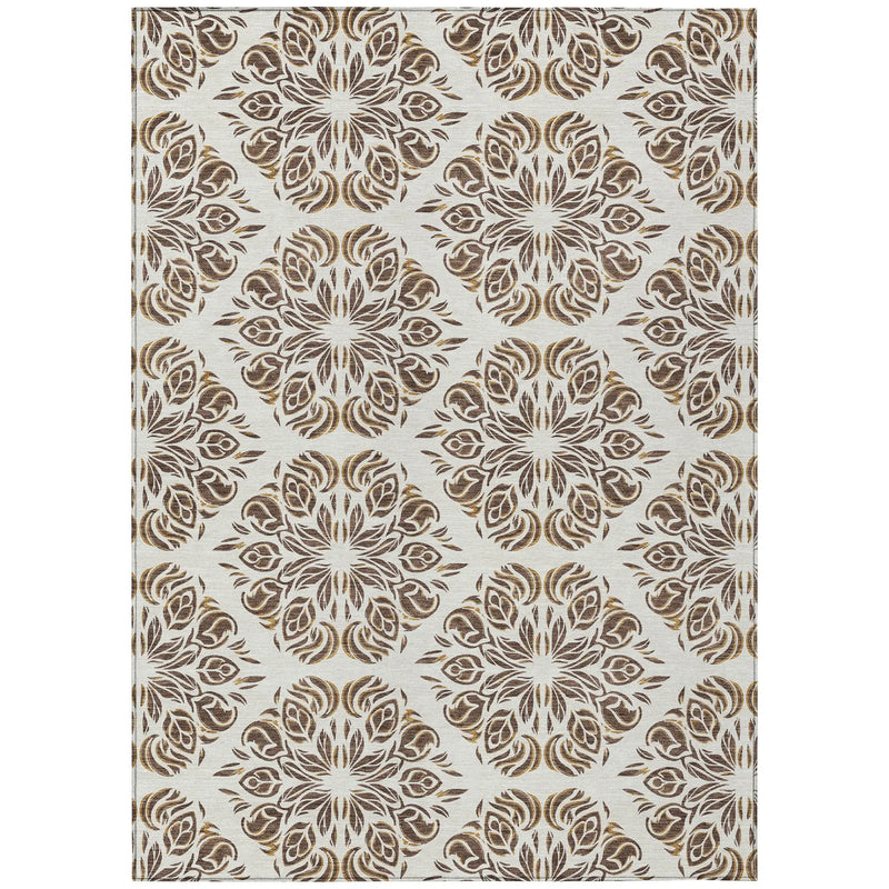 5' X 8' Brown And Ivory Damask Washable Indoor Outdoor Area Rug Homeroots Outdoor