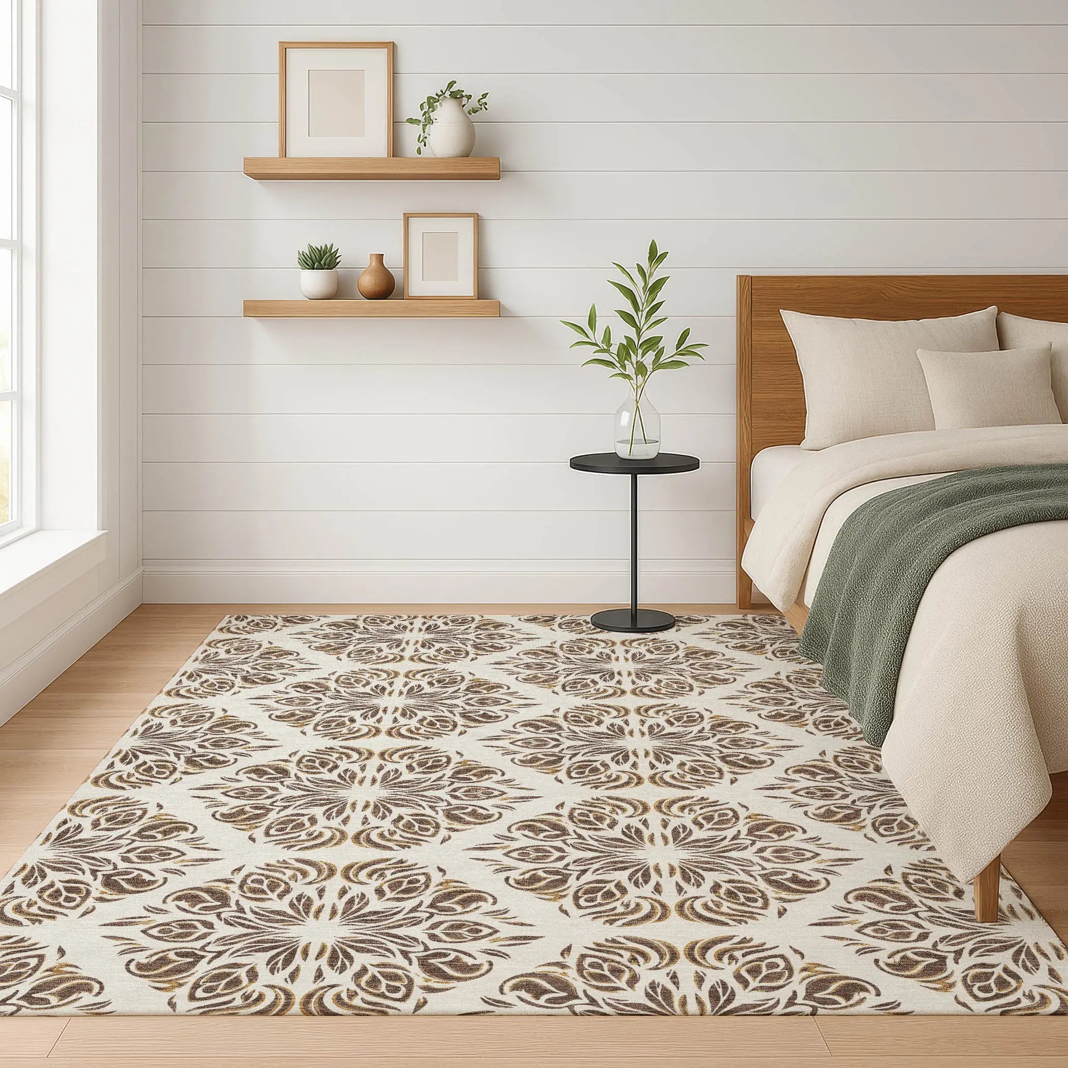 5' X 8' Brown And Ivory Damask Washable Indoor Outdoor Area Rug Homeroots Outdoor