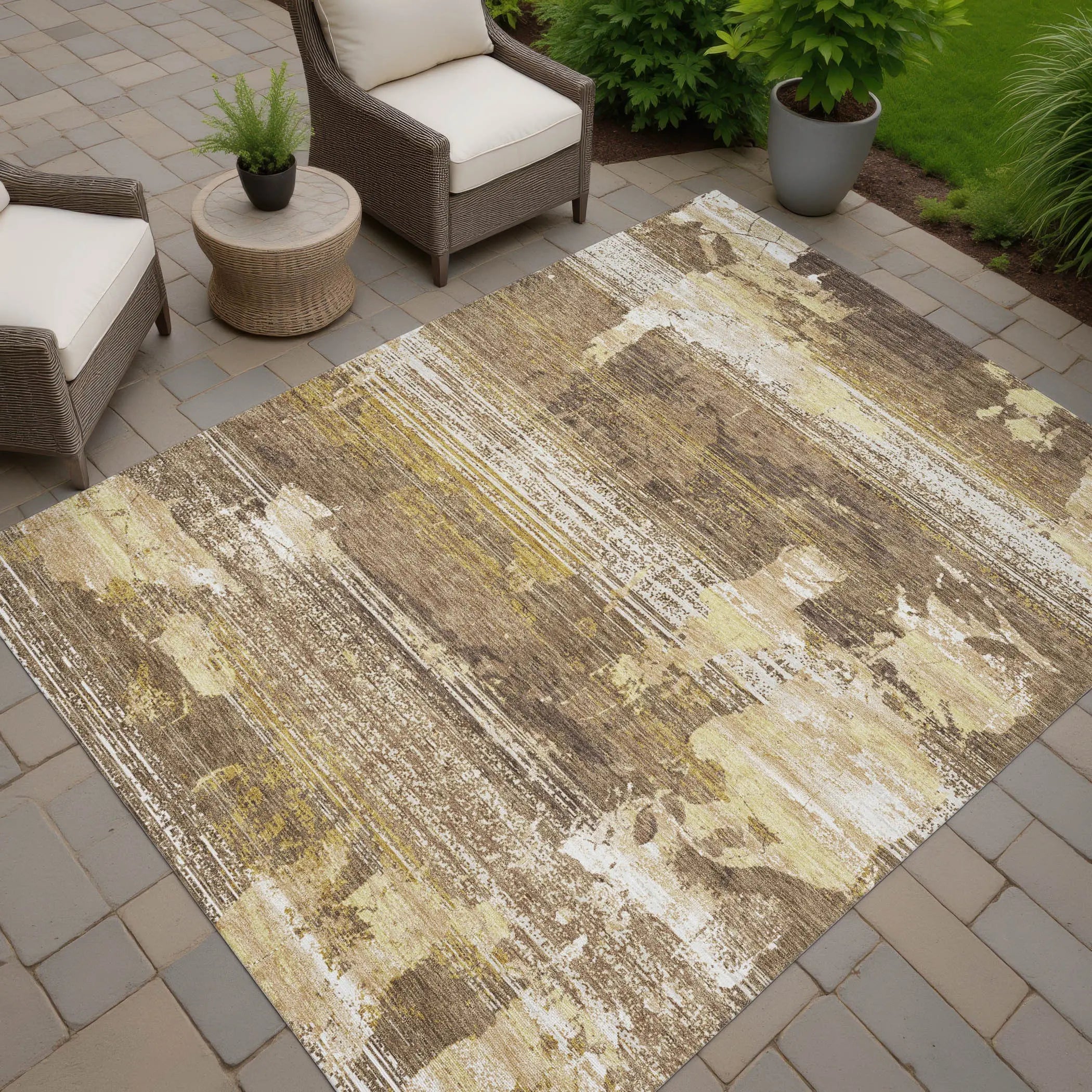 5' X 8' Brown And Khaki Abstract Washable Indoor Outdoor Area Rug Homeroots Outdoor