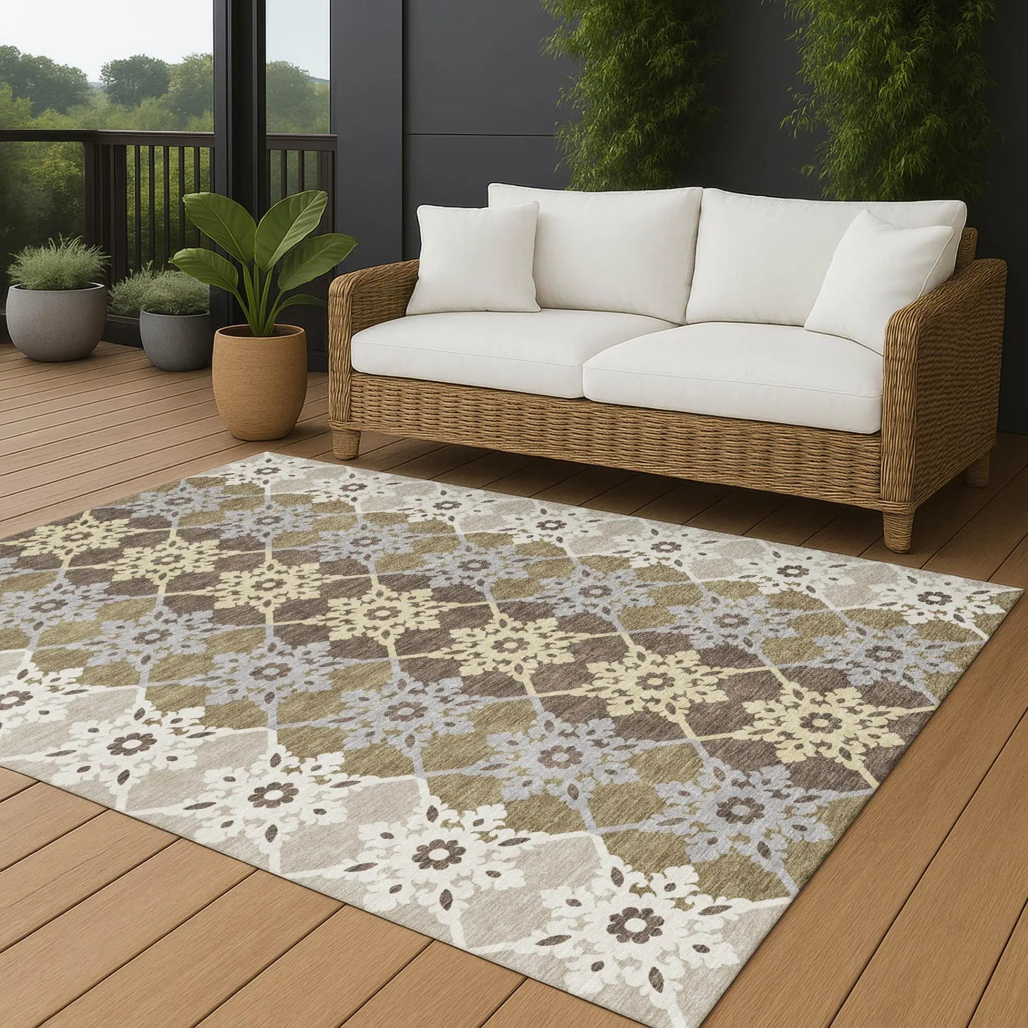 5' X 8' Brown And Pewter Floral Medallion Washable Indoor Outdoor Area Rug Homeroots Outdoor