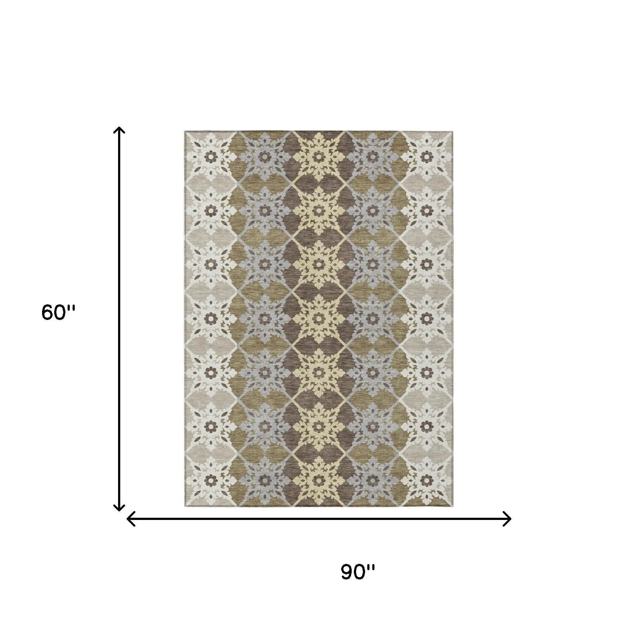 5' X 8' Brown And Pewter Floral Medallion Washable Indoor Outdoor Area Rug Homeroots Outdoor