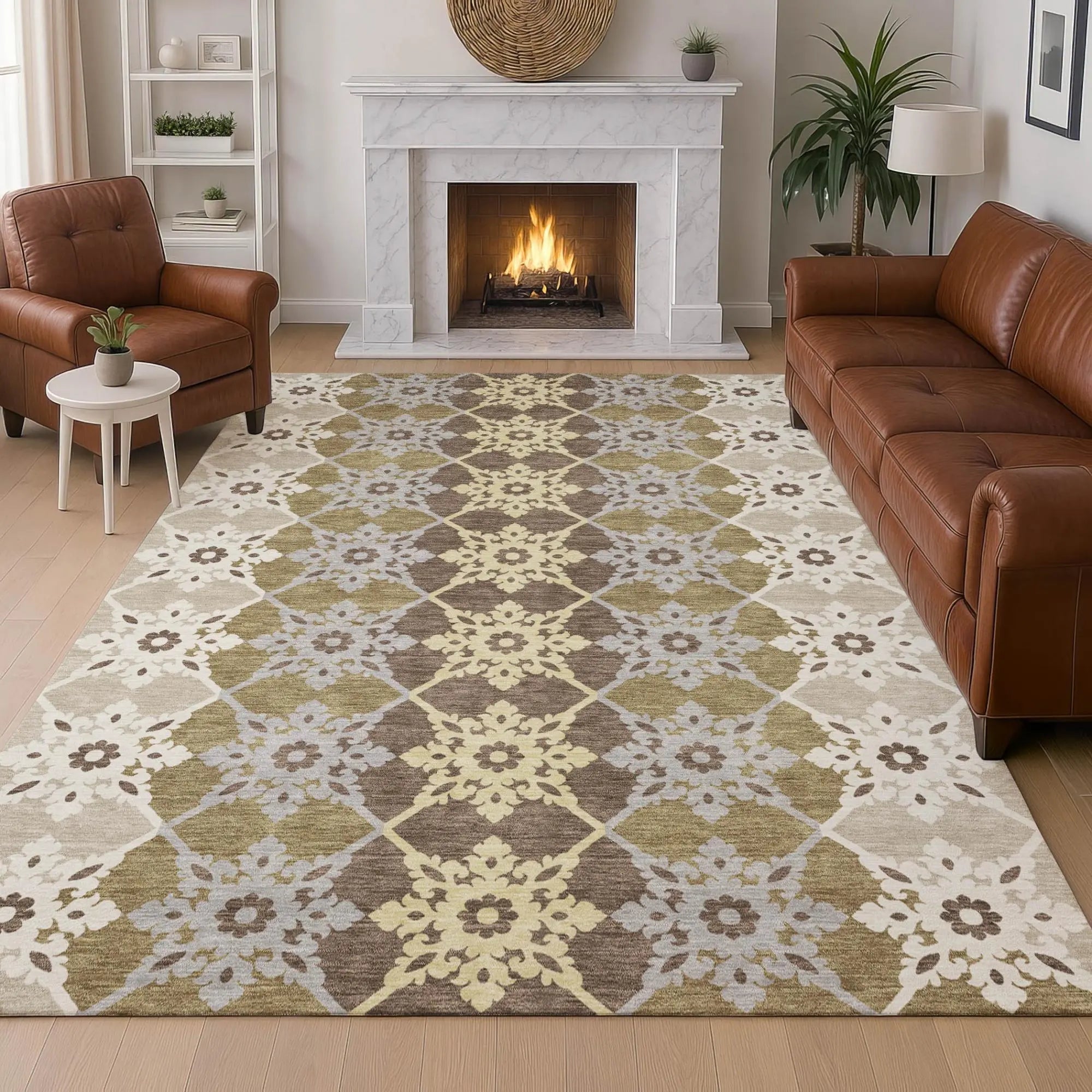 5' X 8' Brown And Pewter Floral Medallion Washable Indoor Outdoor Area Rug Homeroots Outdoor