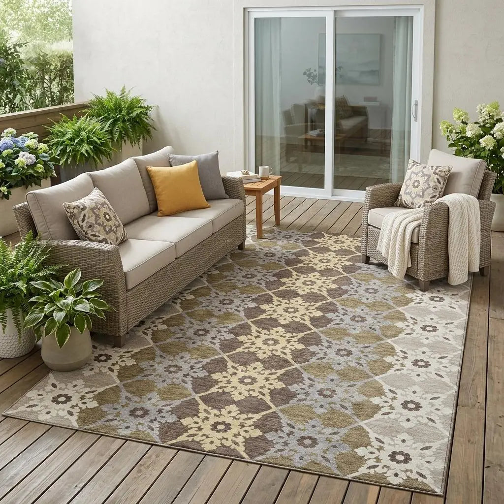 5' X 8' Brown And Pewter Floral Medallion Washable Indoor Outdoor Area Rug Homeroots Outdoor