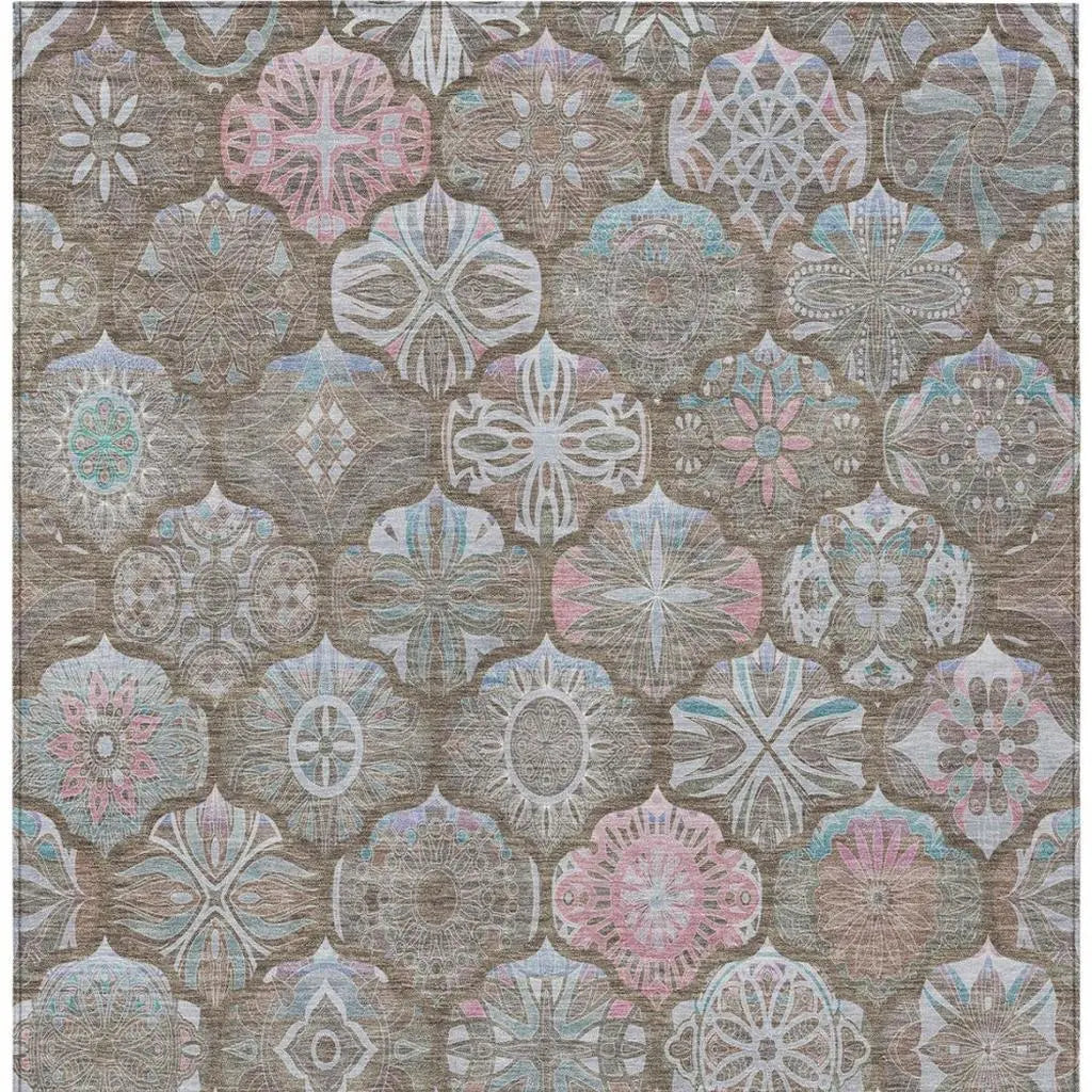 5' X 8' Brown And Silver Ogee Washable Indoor Outdoor Area Rug Homeroots Outdoor