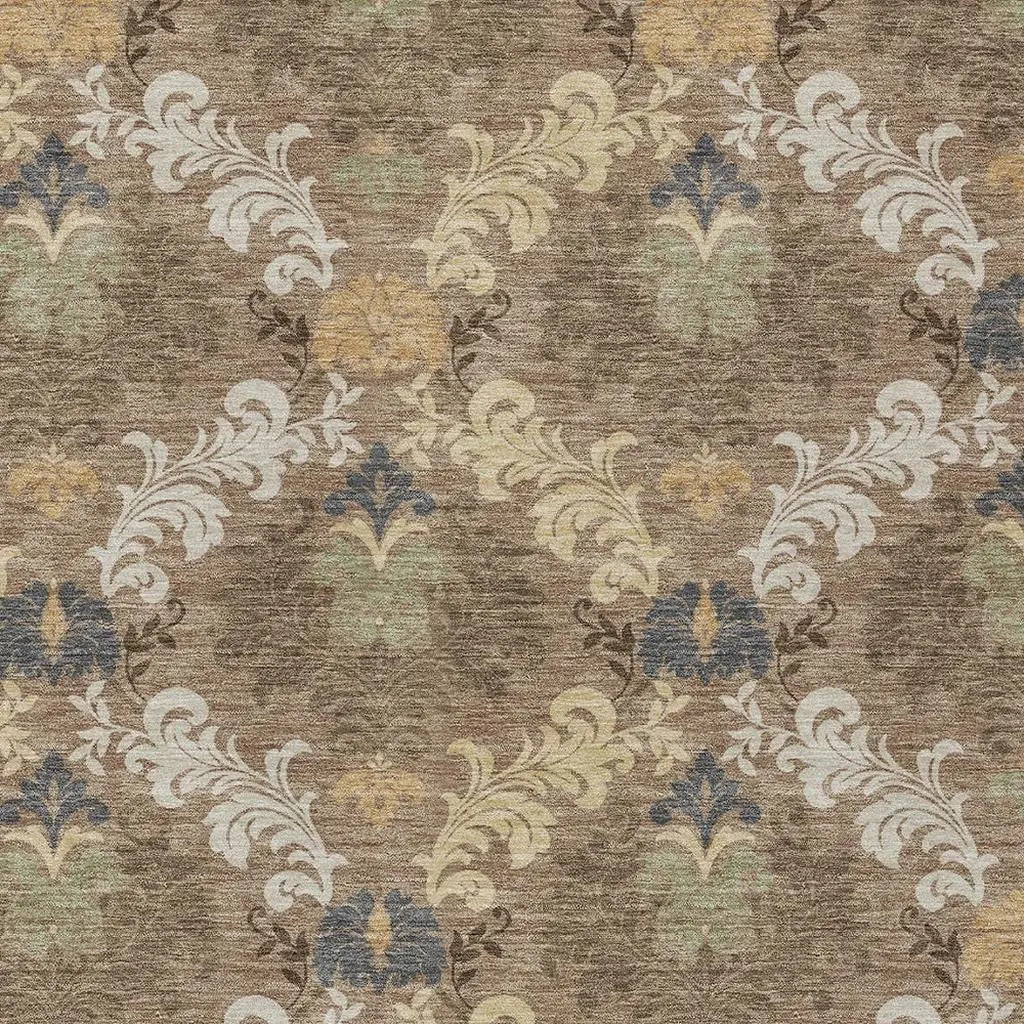 5' X 8' Brown And Taupe Damask Washable Indoor Outdoor Area Rug Homeroots Outdoor