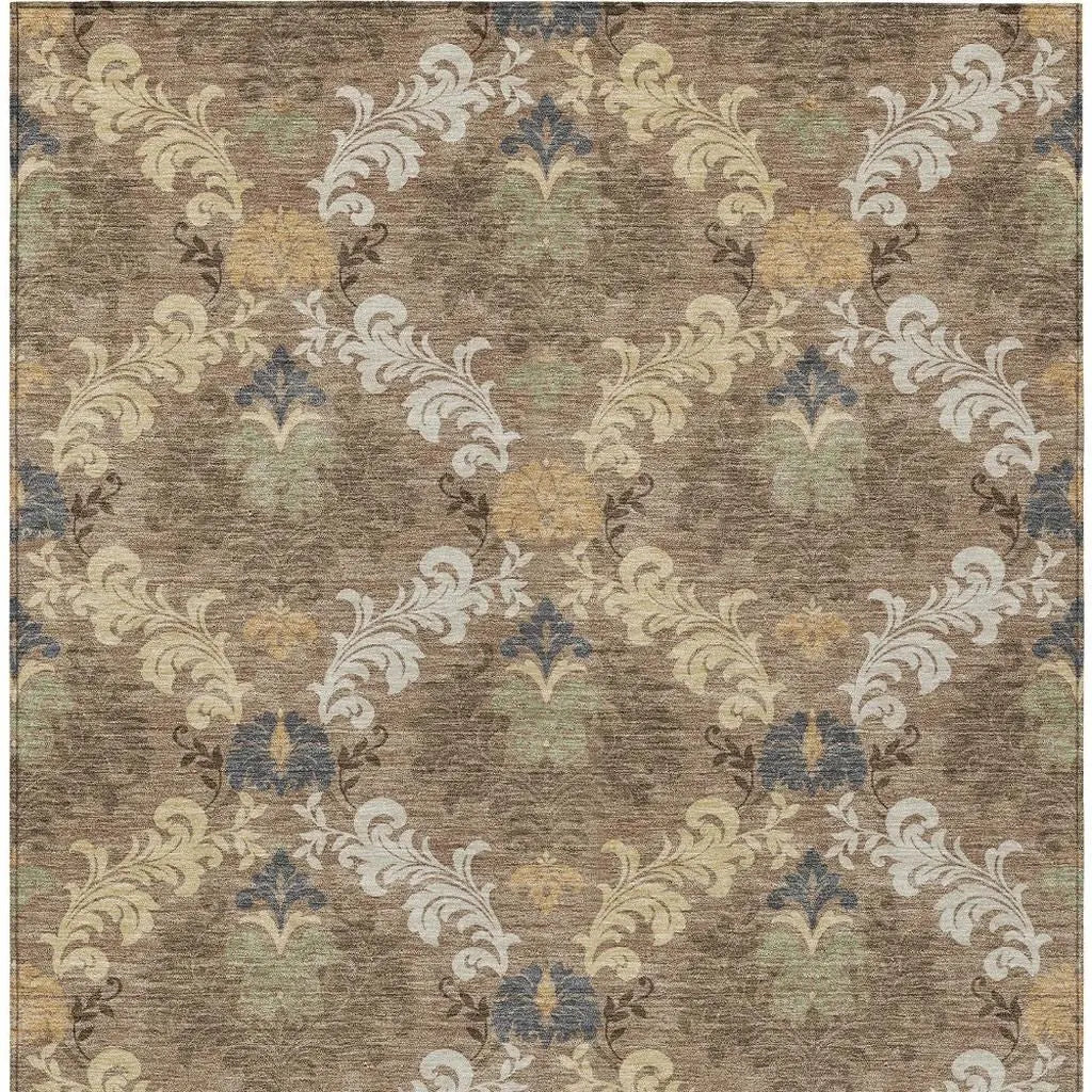 5' X 8' Brown And Taupe Damask Washable Indoor Outdoor Area Rug Homeroots Outdoor