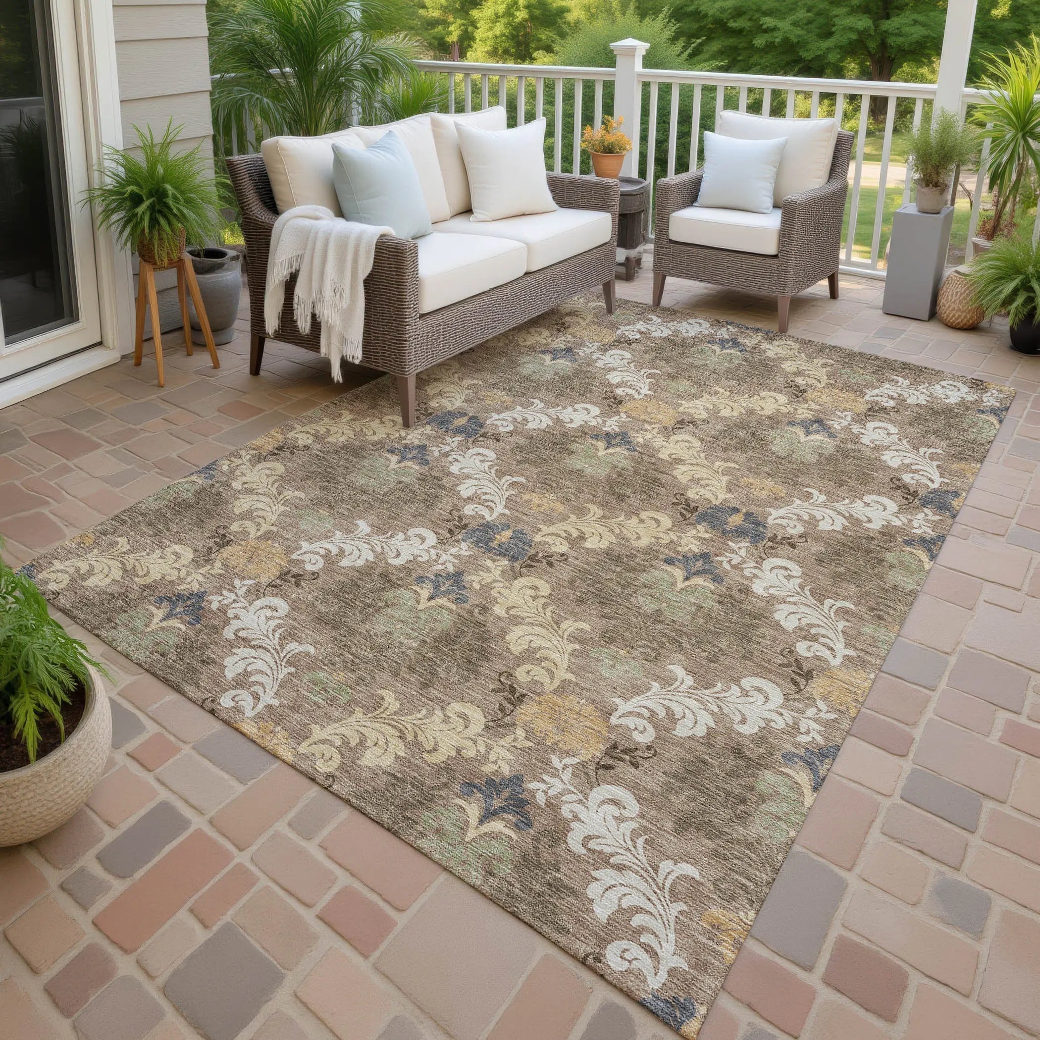 5' X 8' Brown And Taupe Damask Washable Indoor Outdoor Area Rug Homeroots Outdoor